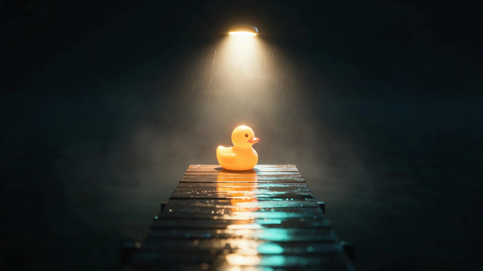Q3 Drama: A lone rubber duck at the end of a wet pier at night under one warm lamp, rain and mist over black water
