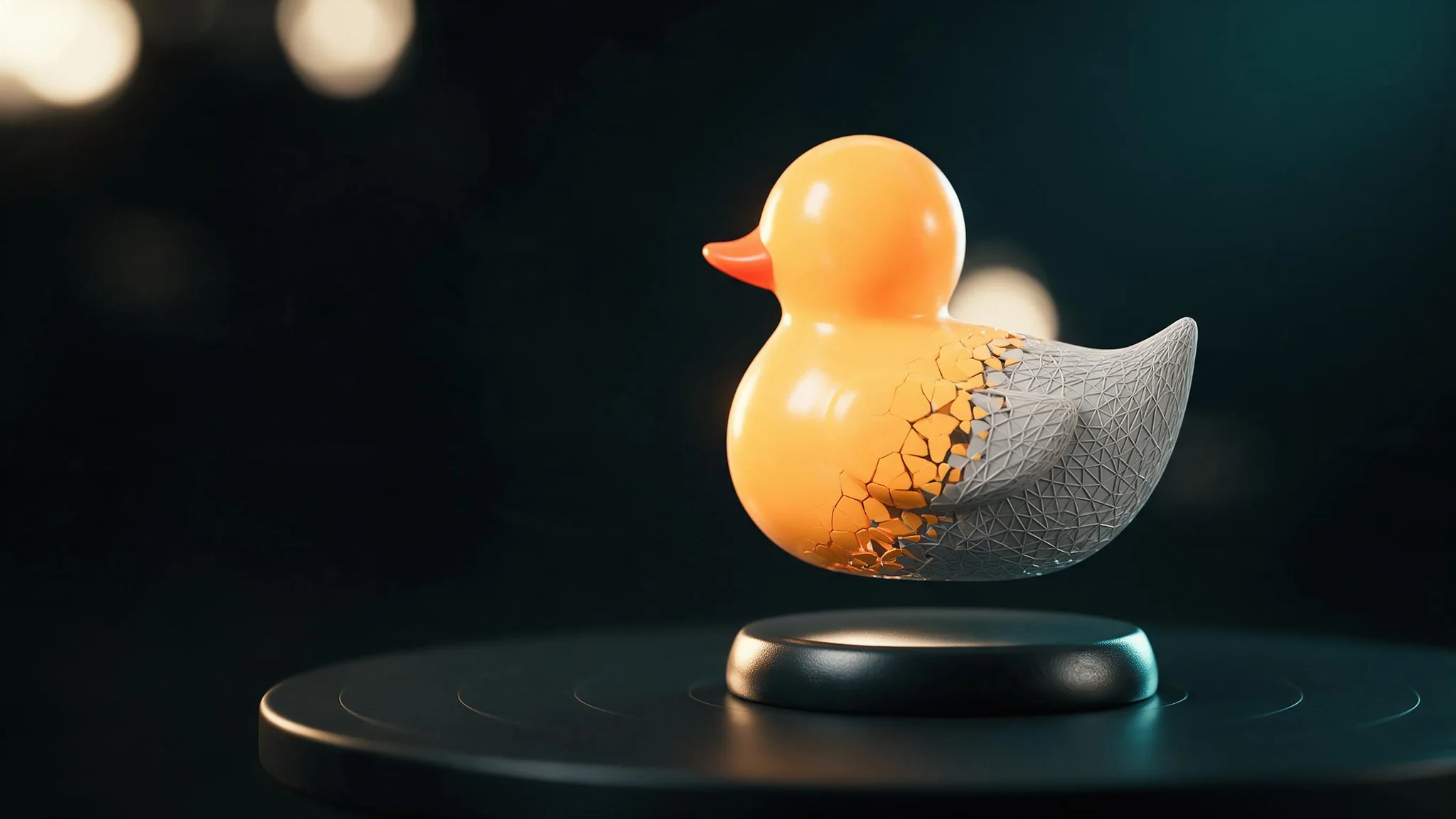 Rodin V2.5 Image-to-3d: A glossy yellow duck figurine on a turntable, its back half dissolving into a grey wireframe mesh