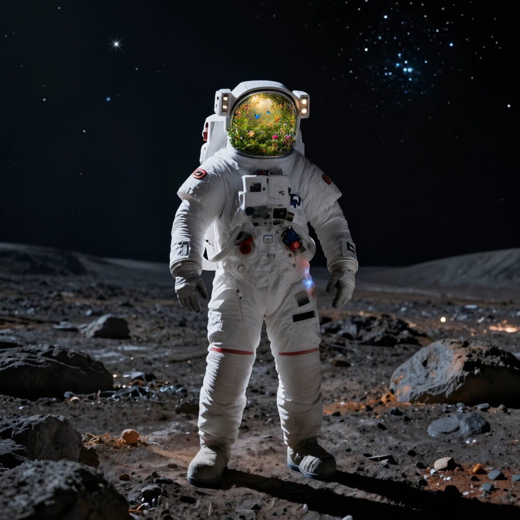 Qwen Image 3.0 Edit: Replace the reflection and interior of the astronaut’s helmet with a lush miniature garden. Add flowers, butte