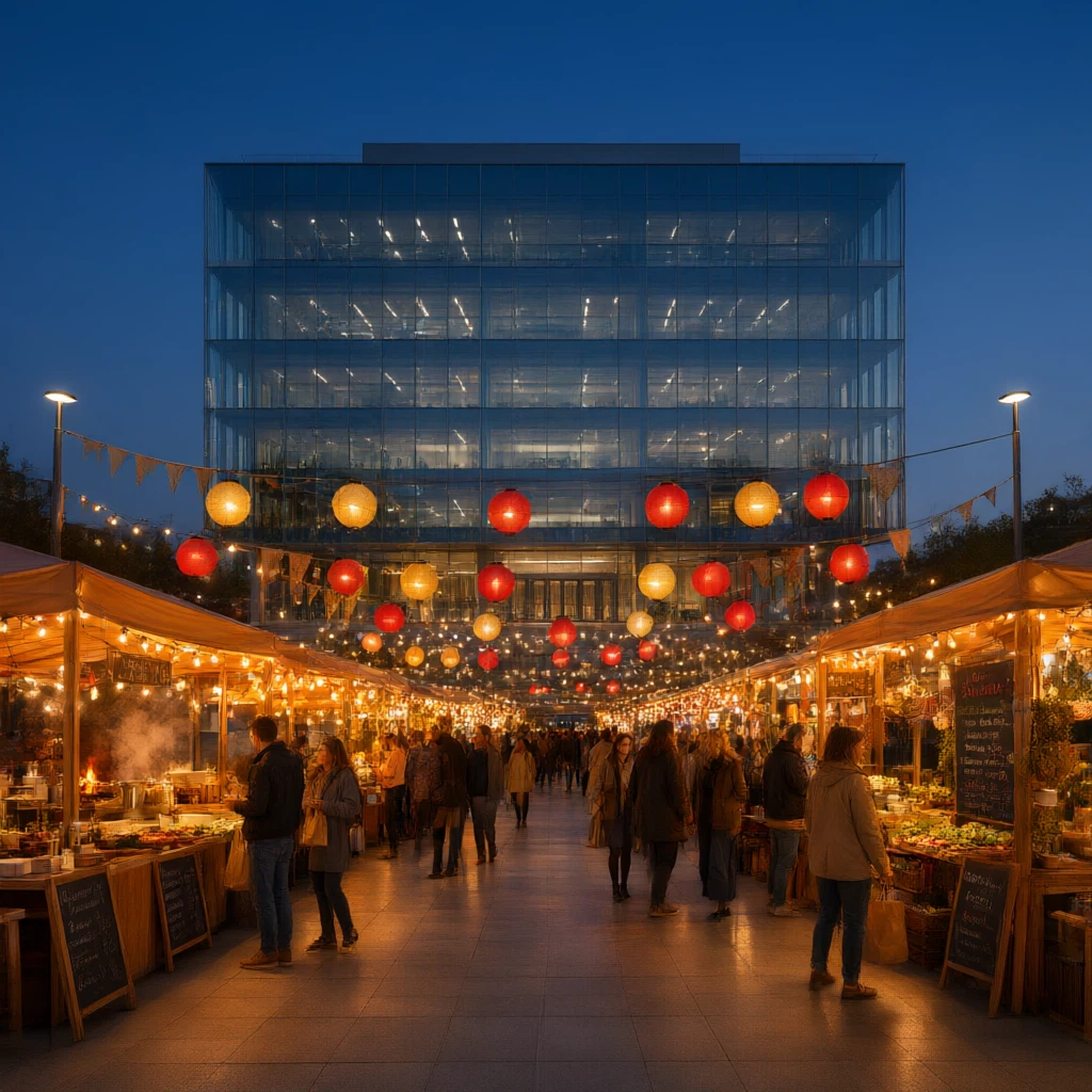 Qwen Image 3.0 Edit: Transform this office building plaza into a lively night market: rows of glowing food stalls with warm string 