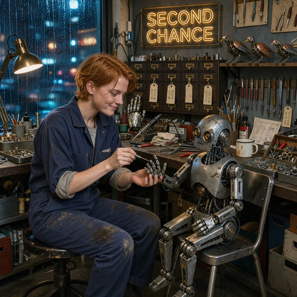Flux 3 Text-to-Image: A cinematic editorial photograph inside a tiny robot repair shop on a rainy night. A young female mechanic wit