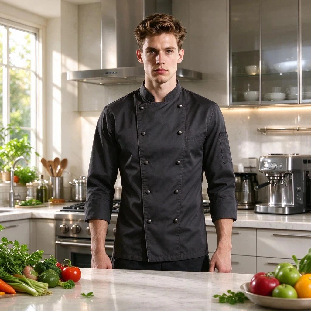 Seedream V5.0 Flash Edit: Transform this image into a premium kitchen appliance commercial. Preserve the chef's face, chef jacket, postu