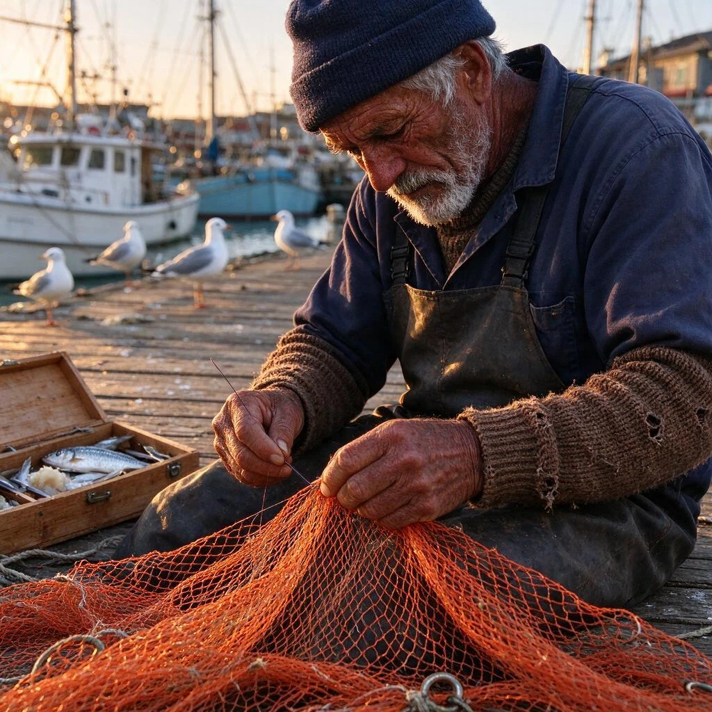 Seedream V5.0 Flash: Editorial street photograph of an elderly fisherman mending a bright orange net on a wooden harbor pier at gol