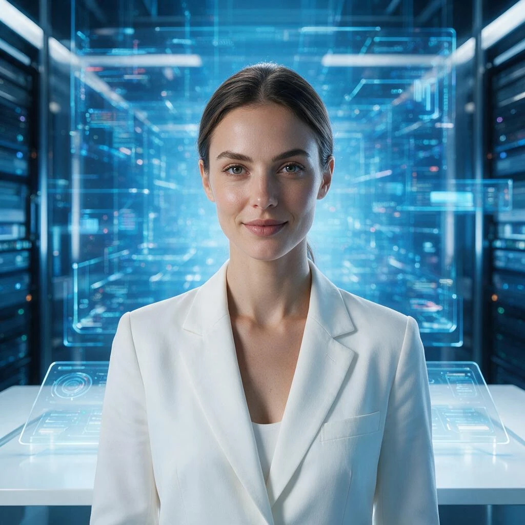Seedream V5.0 Pro: A professional young foreign woman standing in a futuristic AI studio, front-facing upper body portrait, weari