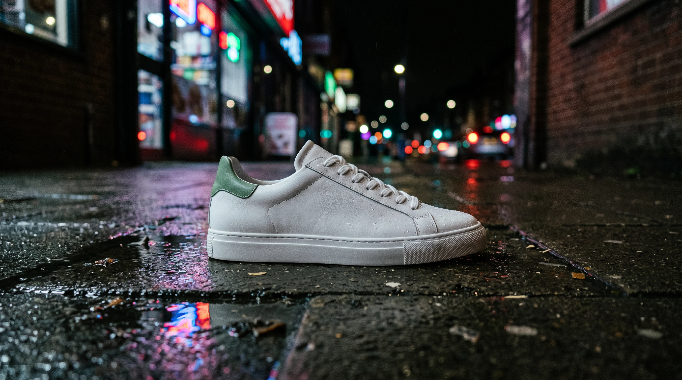 Nano Banana 2.1 Edit: Place this exact sneaker on a wet city sidewalk at night, neon shop signs reflected in the puddles, shallow de