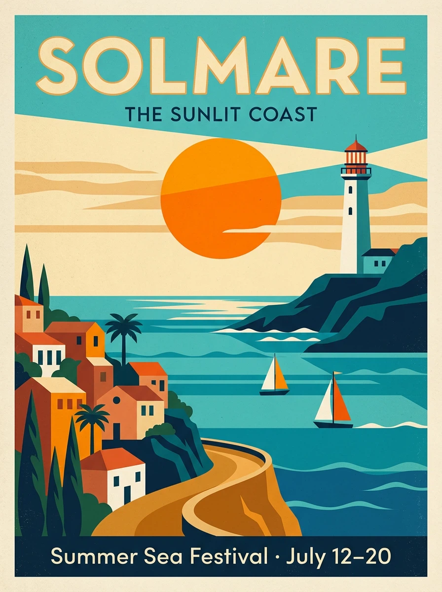 Nano Banana 2.1 Text-to-Image: A mid-century modern travel poster for a fictional seaside town. Bold flat shapes: turquoise sea, a white ligh