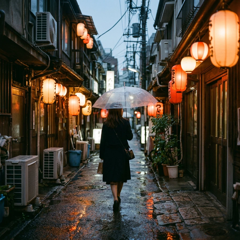 Nano Banana 2.1 Text-to-Image: Street photo of a woman with a clear umbrella walking down a narrow alley at dusk in the rain, warm glowing pa