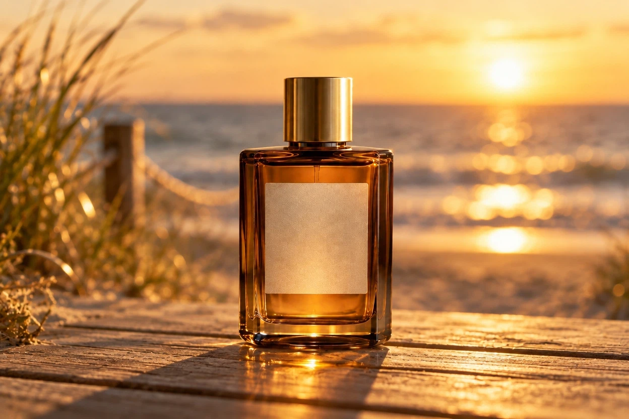GPT Image 2.5 Flare Edit: Place this exact perfume bottle on a sunlit beach boardwalk at golden hour, ocean and soft bokeh in the backgr