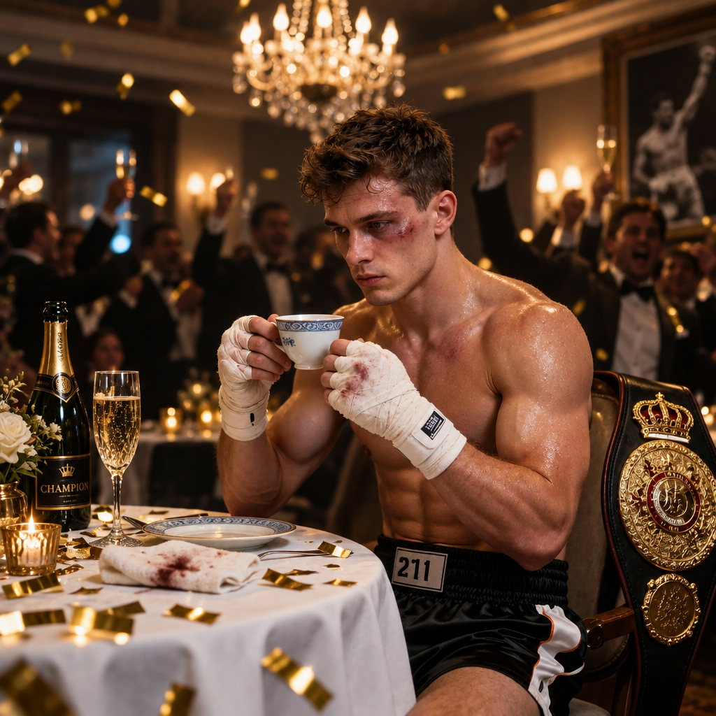 GPT Image 2.5 Sunburst Edit: Transform the elegant dinner scene into a stylish underground champion’s celebration while preserving the boxe