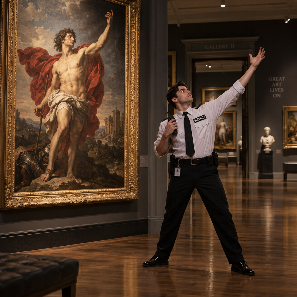 GPT Image 2.5 Sunburst Text-to-Image: A young male museum security guard standing beside a dramatic Renaissance painting after closing time, secretl