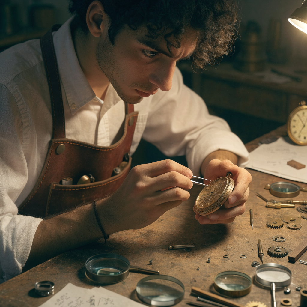 Recraft V4.1 Flash Text-to-Image: A young male antique restorer sitting at a wooden workbench, wearing a rolled-sleeve shirt and leather apron, 